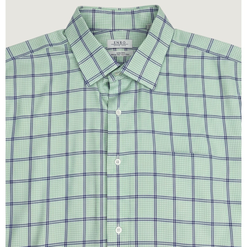 Enro Mens Non-Iron Dress Shirt 18.5 36-37 Tall Green Blue Tattersall Cotton 2XLT